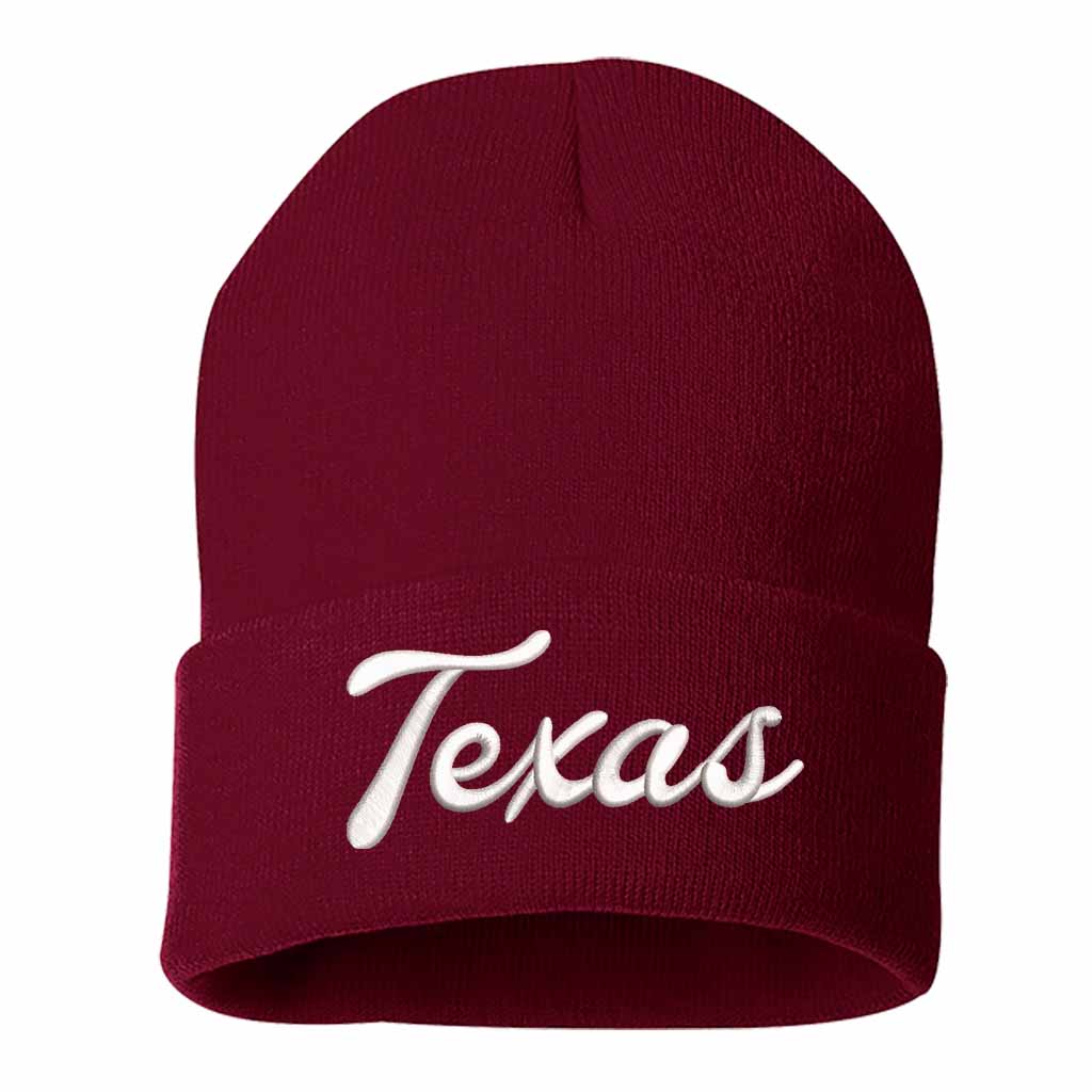 Burgundy Texas Western embroidered beanie featuring soft knit material and bold Western text design – DSY Lifestyle