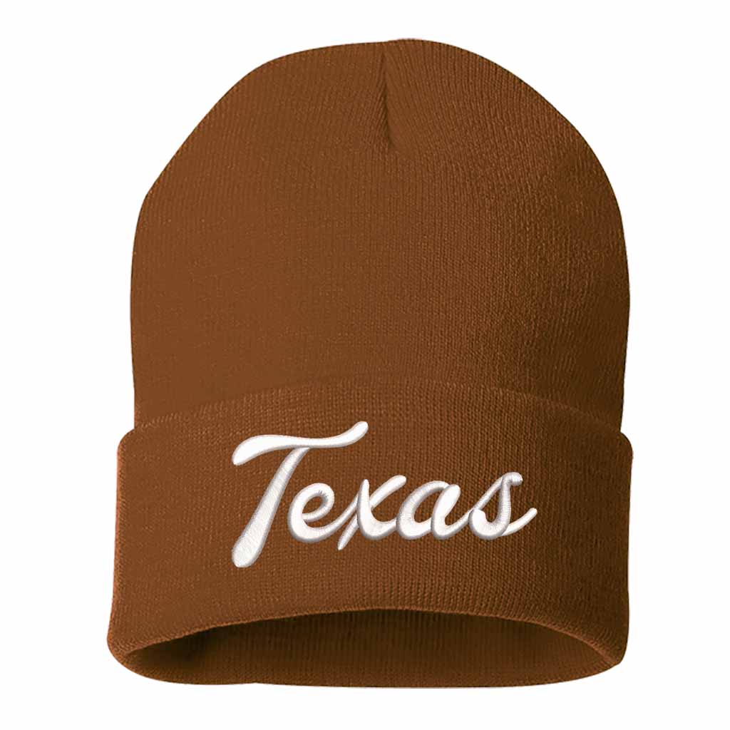 Camel Brown Texas Western embroidered beanie featuring soft knit material and bold Western text design – DSY Lifestyle