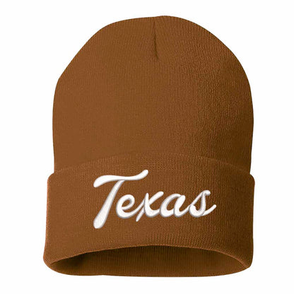 Camel Brown Texas Western embroidered beanie featuring soft knit material and bold Western text design – DSY Lifestyle