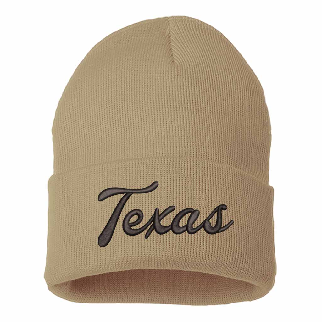 Khaki with black thread Texas Western embroidered beanie featuring soft knit material and bold Western text design – DSY Lifestyle