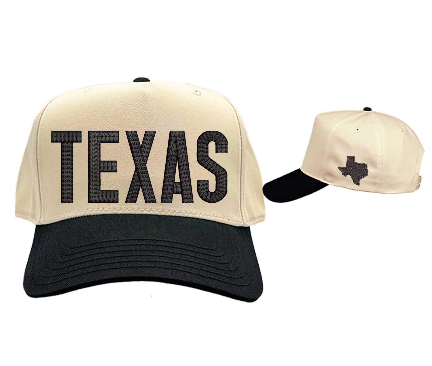 Natural Black front/side view Texas embroidered two tone baseball hats. A statement baseball hat for women who love Texas pride, street style, and effortless outfits. - DSY Lifestyle