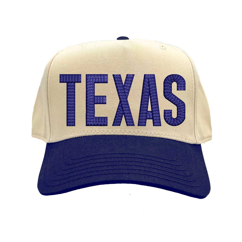 Natural Navy Blue Texas embroidered two tone baseball hat. A statement baseball hat for women who love Texas pride, street style, and effortless outfits. - DSY Lifestyle