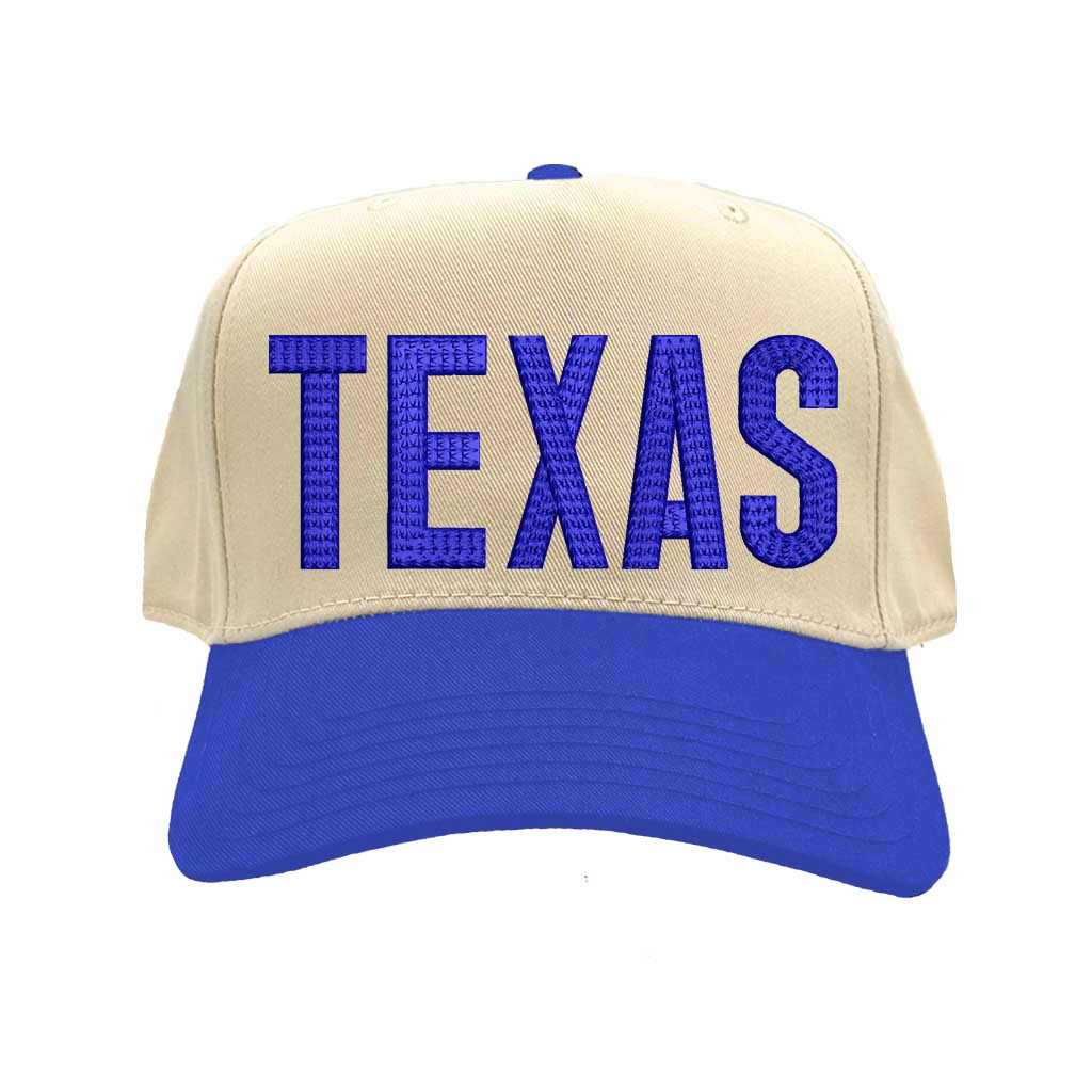 Natural Royal Blue Texas embroidered two tone baseball hat. A statement baseball hat for women who love Texas pride, street style, and effortless outfits. - DSY Lifestyle
