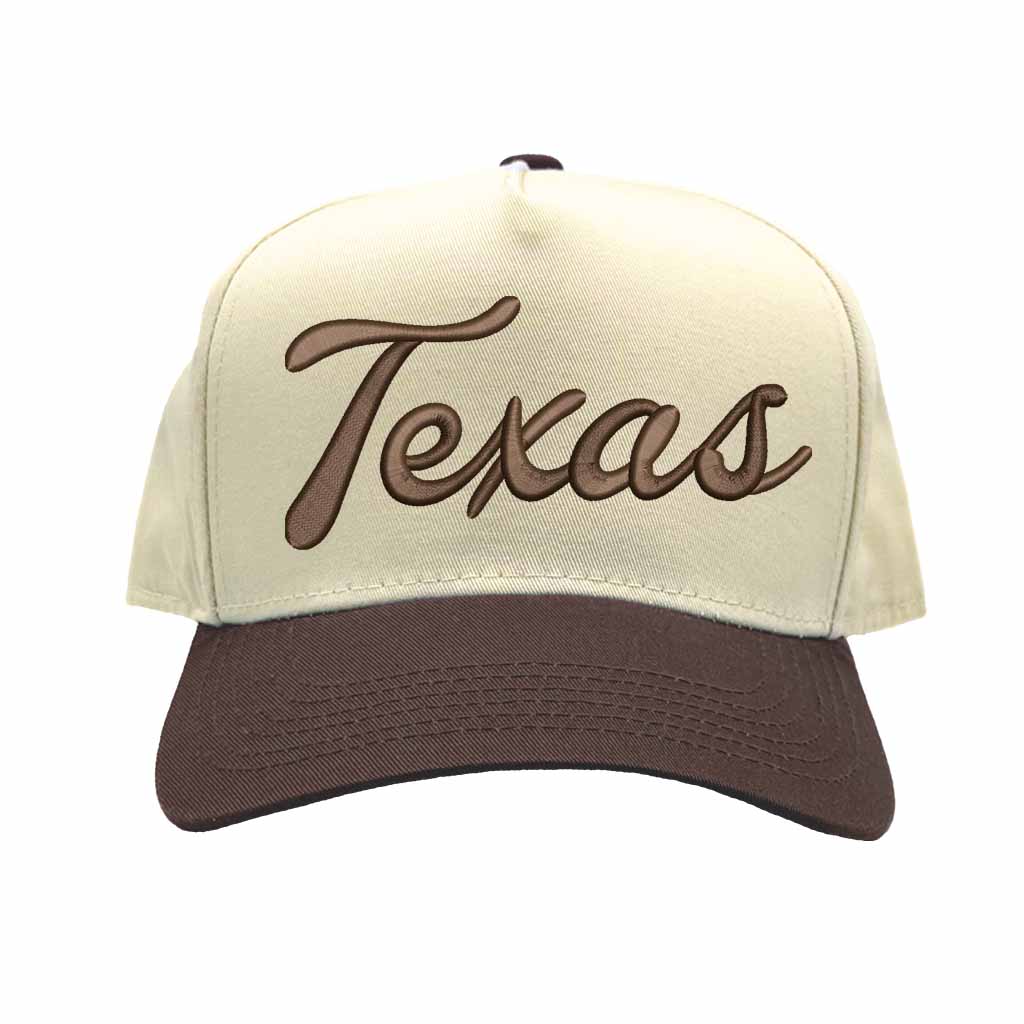 Natural Brown Texas Script 3D Two Tone 5-Panel Embroidered Baseball Hat with raised “Texas” lettering and stylish two-tone design – DSY Lifestyle
