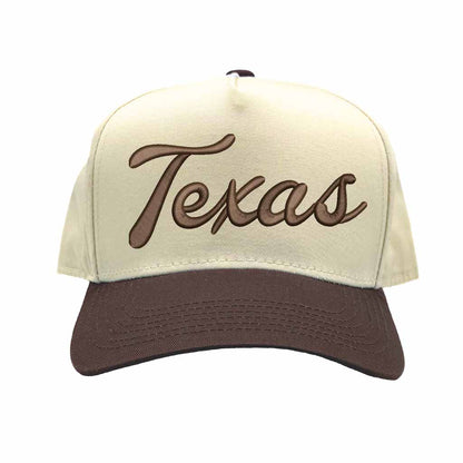 Natural Brown Texas Script 3D Two Tone 5-Panel Embroidered Baseball Hat with raised “Texas” lettering and stylish two-tone design – DSY Lifestyle
