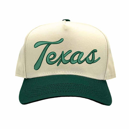 Natural Forest Green Texas Script 3D Two Tone 5-Panel Embroidered Baseball Hat with raised “Texas” lettering and stylish two-tone design – DSY Lifestyle