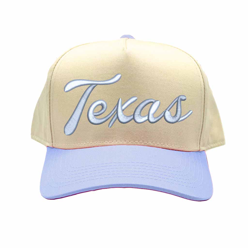 Natural Light Blue Texas Script 3D Two Tone 5-Panel Embroidered Baseball Hat with raised “Texas” lettering and stylish two-tone design – DSY Lifestyle