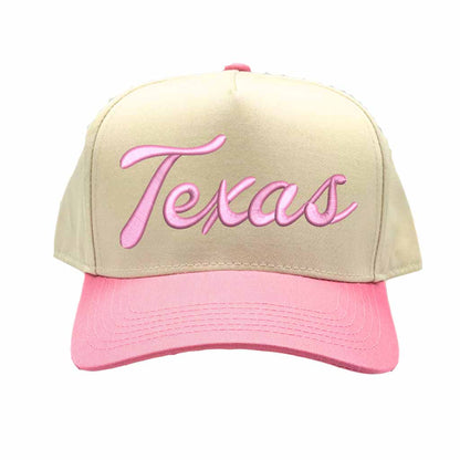 Natural Light Pink Texas Script 3D Two Tone 5-Panel Embroidered Baseball Hat with raised “Texas” lettering and stylish two-tone design – DSY Lifestyle