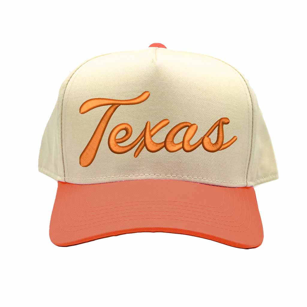 Natural Texas Orange Texas Script 3D Two Tone 5-Panel Embroidered Baseball Hat with raised “Texas” lettering and stylish two-tone design – DSY Lifestyle