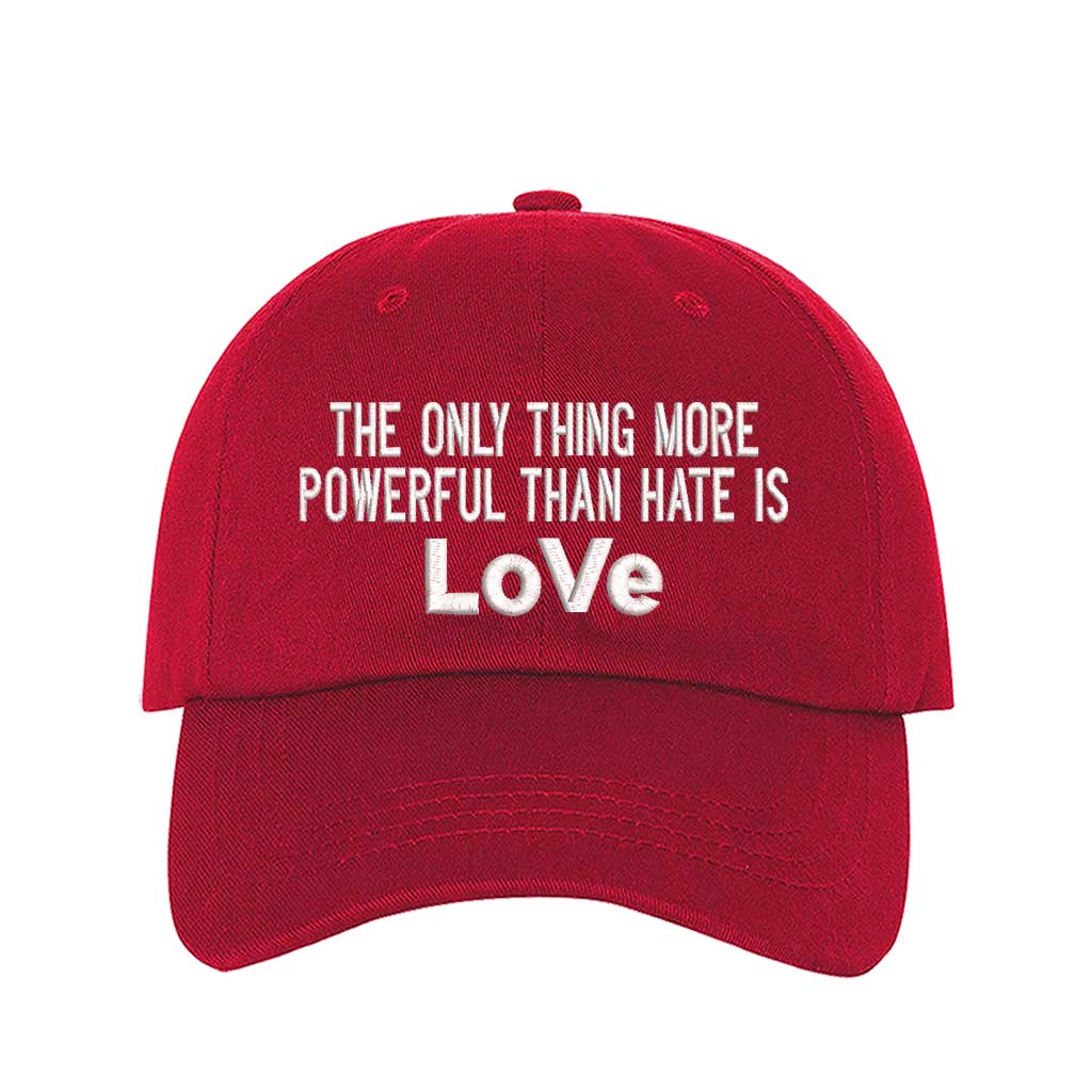 Love over hate viral statement embroidered red baseball hat by DSY Lifestyle
