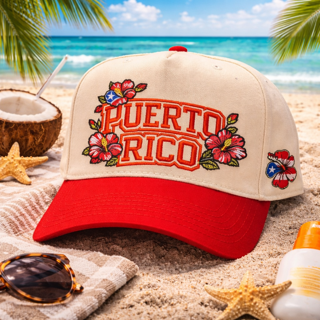 Natural Red Puerto Rico in Bloom embroidered baseball hat with sandy beach background. A two-tone statement hat for women who love culture, effortless outfits, and bold style. - DSY Lifestyle