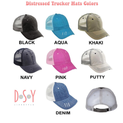 Collection of distressed trucker hats in various colors with DSSY Lifestyle branding.