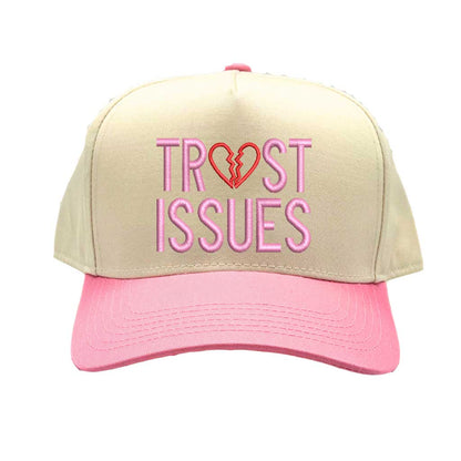 Natural Pink Trust Issues Two-Tone Baseball Hat, a relatable and funny statement accessory for the modern dating scene. Modern color-blocking on a classic 5-panel silhouette for a standout streetwear look. DSY Lifestyle.