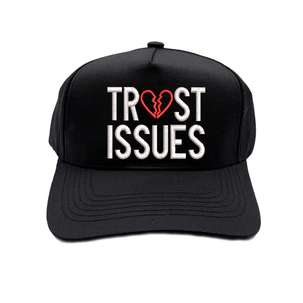 Solid Black Trust Issues Two-Tone Baseball Hat, a relatable and funny statement accessory for the modern dating scene. Modern color-blocking on a classic 5-panel silhouette for a standout streetwear look. DSY Lifestyle.