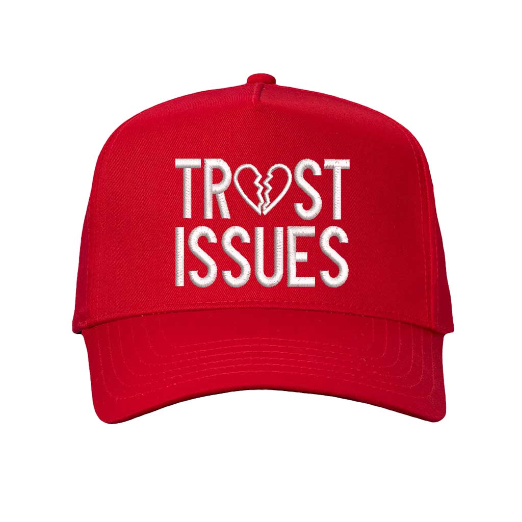 Solid Red Trust Issues Two-Tone Baseball Hat, a relatable and funny statement accessory for the modern dating scene. Modern color-blocking on a classic 5-panel silhouette for a standout streetwear look. DSY Lifestyle.