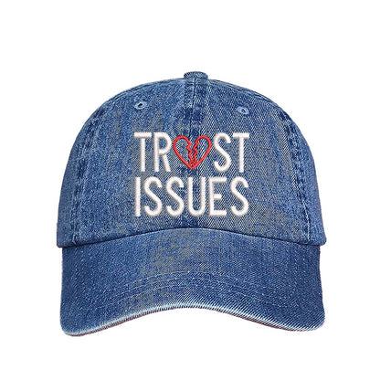 Light Denim Trust Issues Baseball Hat featuring "Trust Issues" embroidered in a bold font on a classic dad cap; a funny and relatable statement accessory from DSY Lifestyle.