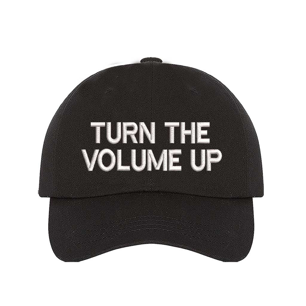 Black Turn Up The Volume Embroidered Baseball Hat featuring classic design, music-inspired embroidery, and adjustable hook and loop closure – DSY Lifestyle