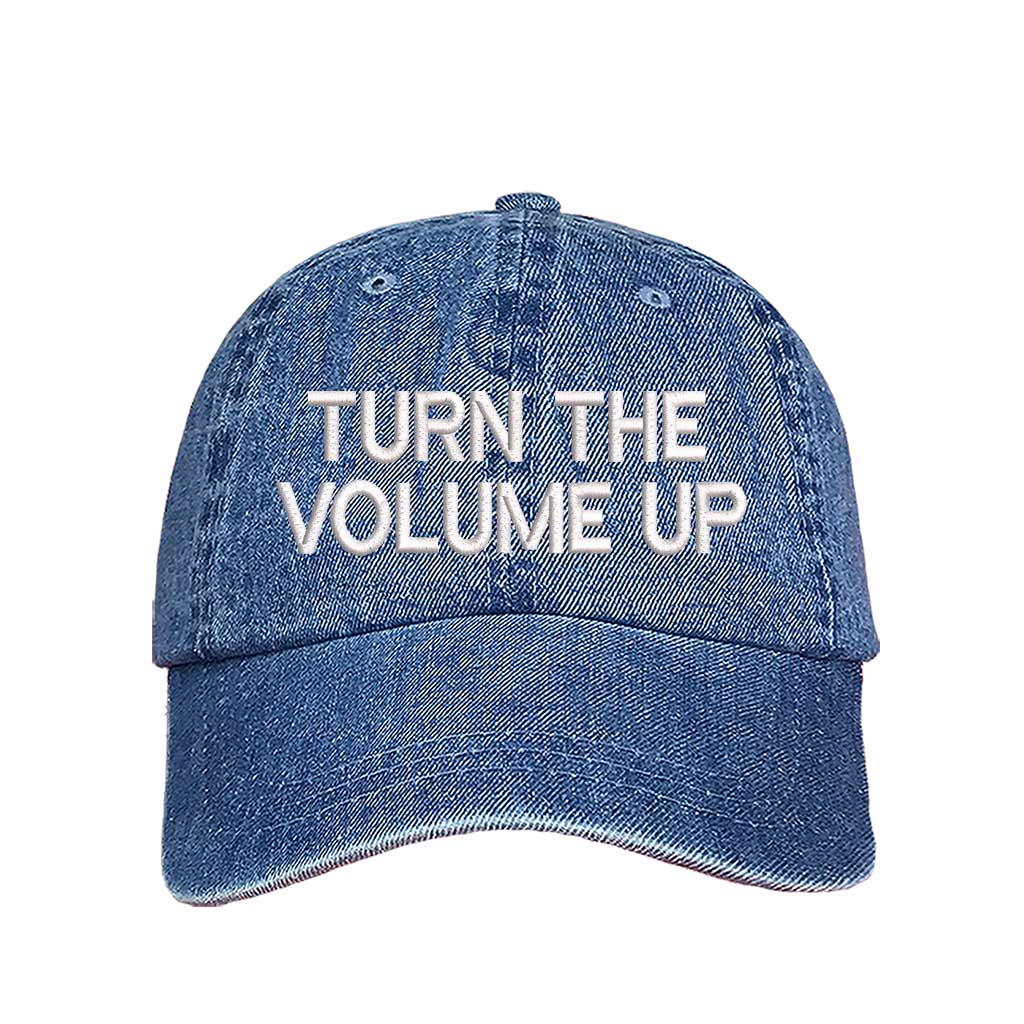 Light Denim Turn Up The Volume Embroidered Baseball Hat featuring classic design, music-inspired embroidery, and adjustable hook and loop closure – DSY Lifestyle