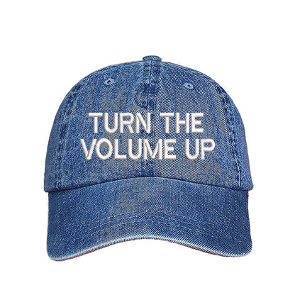 Light Denim Turn Up The Volume Embroidered Baseball Hat featuring classic design, music-inspired embroidery, and adjustable hook and loop closure – DSY Lifestyle