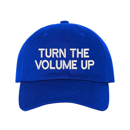 Royal Blue Turn Up The Volume Embroidered Baseball Hat featuring classic design, music-inspired embroidery, and adjustable hook and loop closure – DSY Lifestyle