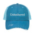 Aqua Unbothered Distressed Trucker Hat. This premium vintage-style cap is the perfect gift for the unapologetically bold, featuring a breathable mesh back and custom embroidery. - DSY Lifestyle