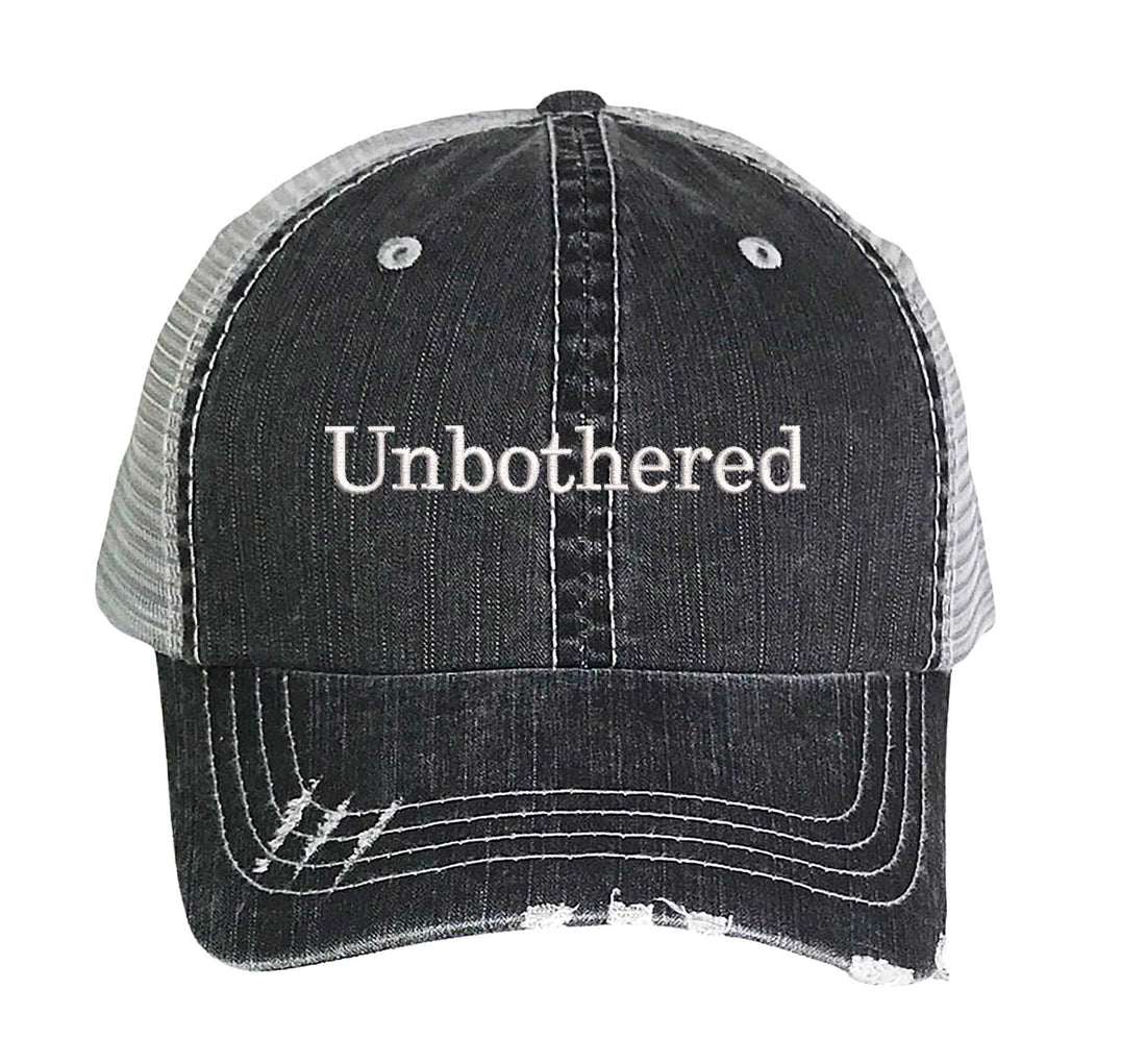 Black Unbothered Distressed Trucker Hat. This premium vintage-style cap is the perfect gift for the unapologetically bold, featuring a breathable mesh back and custom embroidery. - DSY Lifestyle