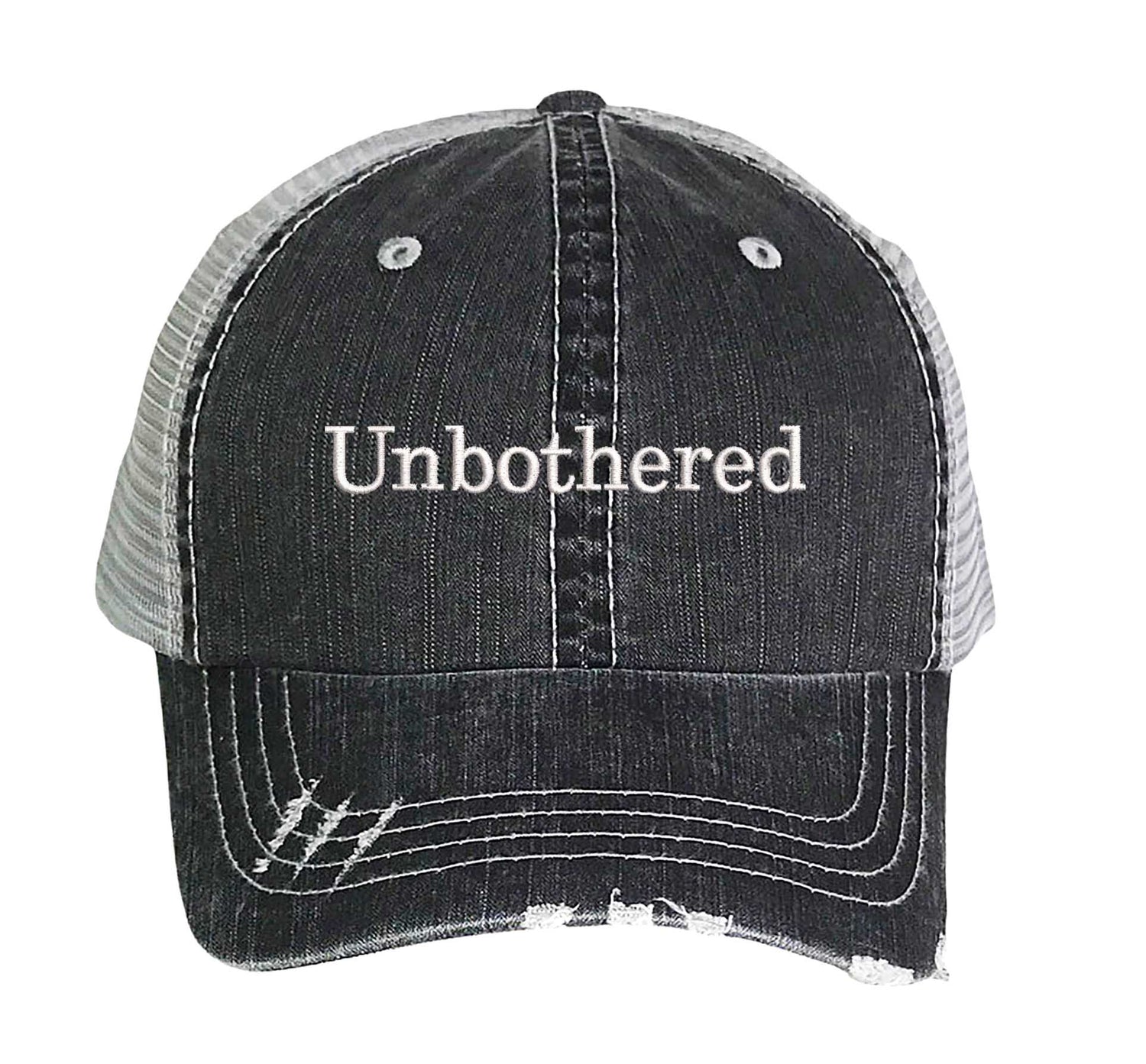 Black Unbothered Distressed Trucker Hat. This premium vintage-style cap is the perfect gift for the unapologetically bold, featuring a breathable mesh back and custom embroidery. - DSY Lifestyle