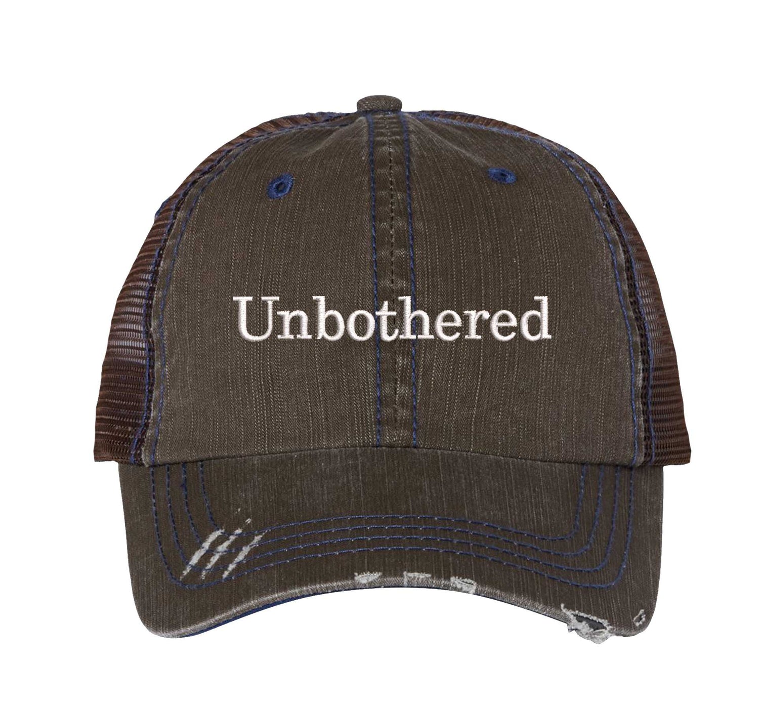 Brown Unbothered Distressed Trucker Hat. This premium vintage-style cap is the perfect gift for the unapologetically bold, featuring a breathable mesh back and custom embroidery. - DSY Lifestyle