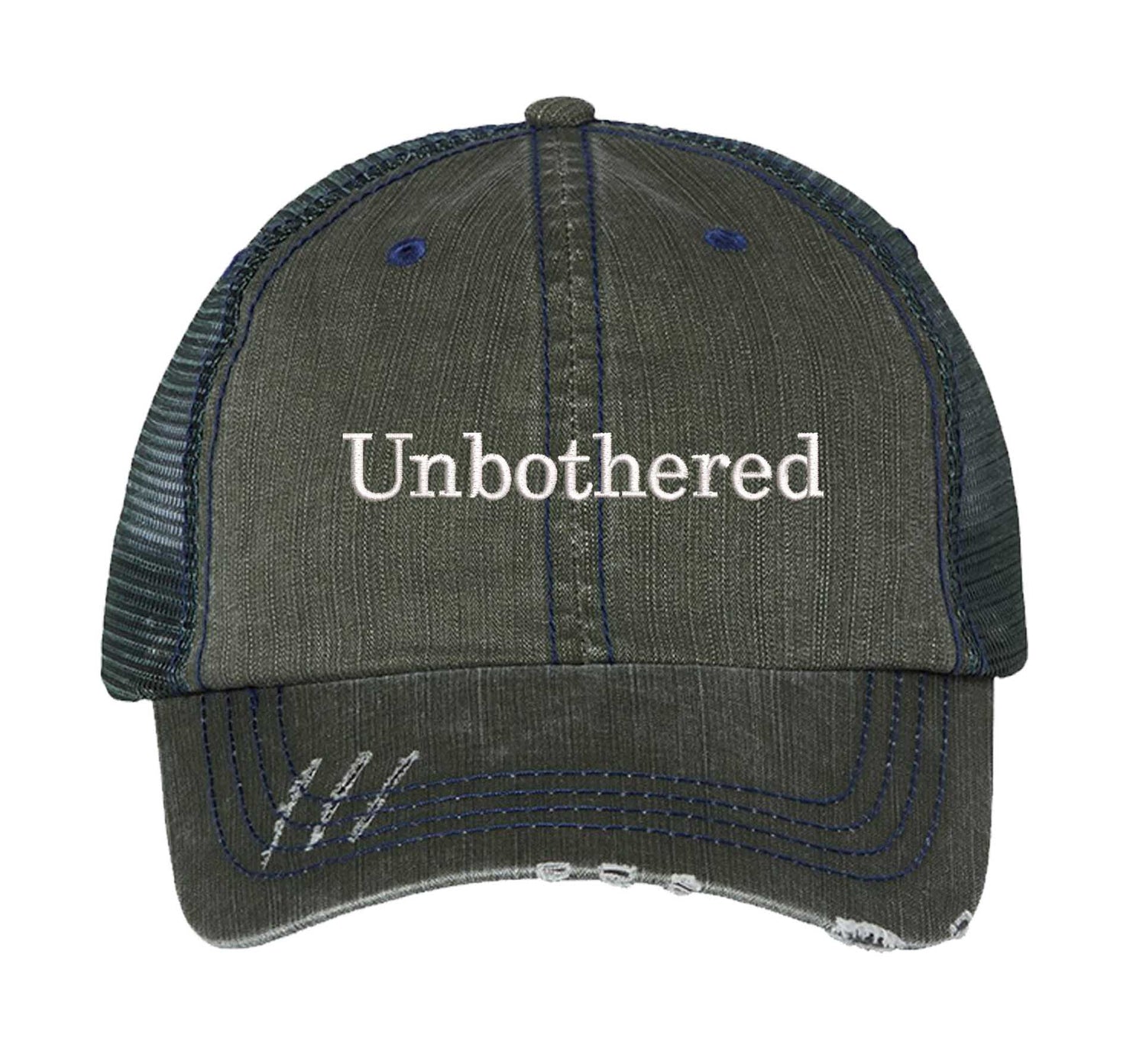 Dark Green Unbothered Distressed Trucker Hat. This premium vintage-style cap is the perfect gift for the unapologetically bold, featuring a breathable mesh back and custom embroidery. - DSY Lifestyle