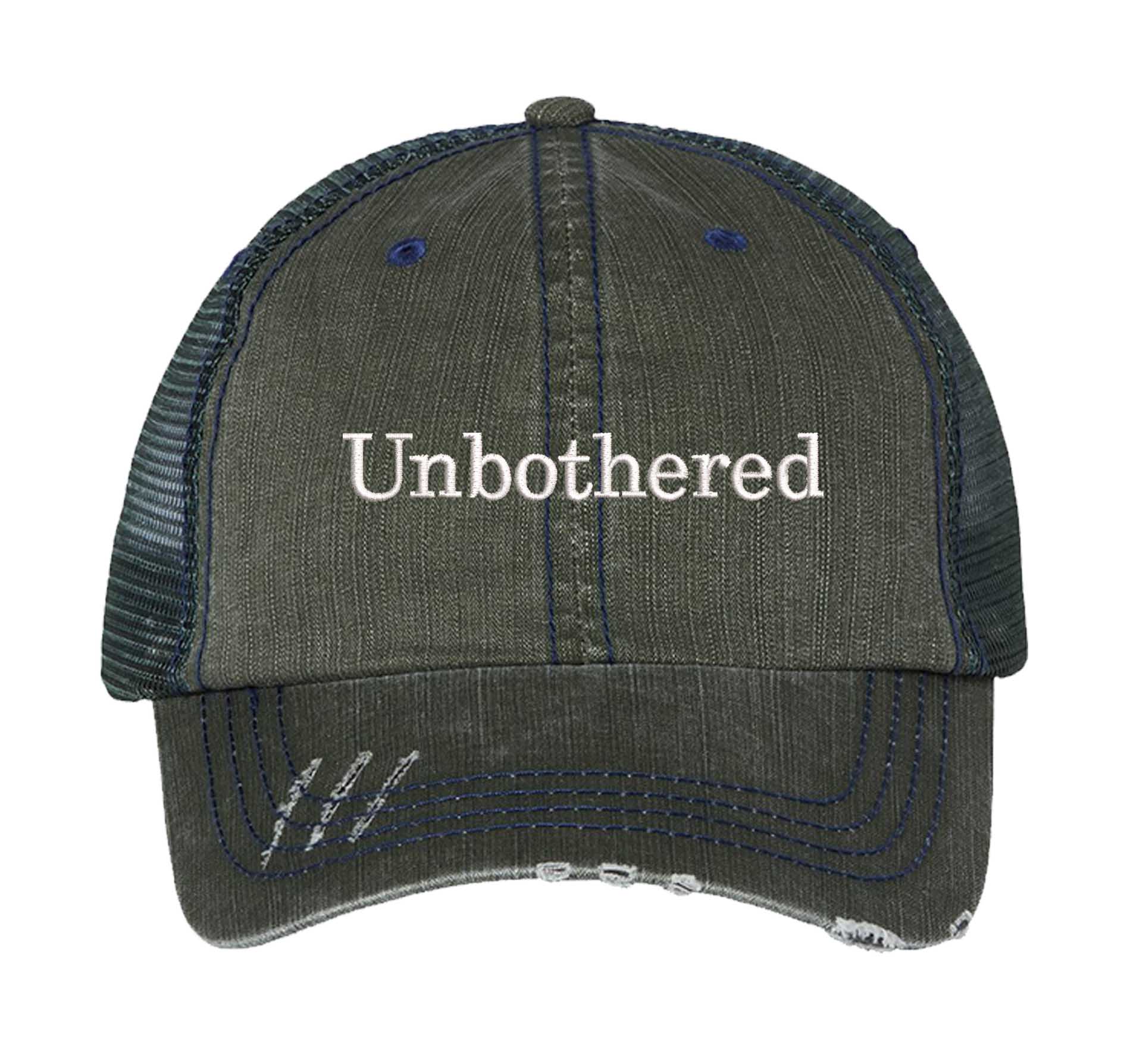 Dark Green Unbothered Distressed Trucker Hat. This premium vintage-style cap is the perfect gift for the unapologetically bold, featuring a breathable mesh back and custom embroidery. - DSY Lifestyle
