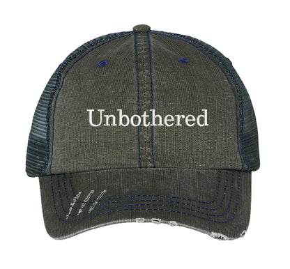 Dark Green Unbothered Distressed Trucker Hat. This premium vintage-style cap is the perfect gift for the unapologetically bold, featuring a breathable mesh back and custom embroidery. - DSY Lifestyle