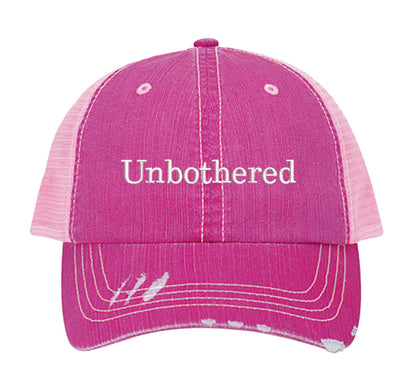 HOT Pink Unbothered Distressed Trucker Hat. This premium vintage-style cap is the perfect gift for the unapologetically bold, featuring a breathable mesh back and custom embroidery. - DSY Lifestyle