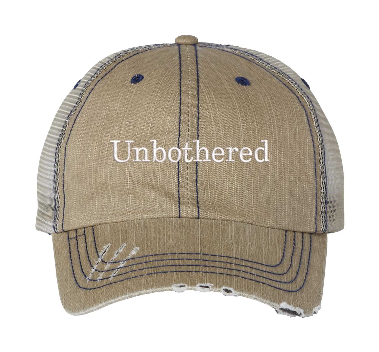 Khaki Unbothered Distressed Trucker Hat. This premium vintage-style cap is the perfect gift for the unapologetically bold, featuring a breathable mesh back and custom embroidery. - DSY Lifestyle