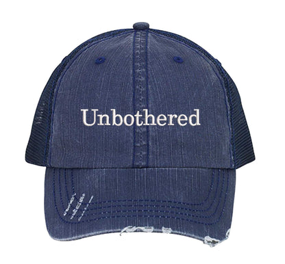 Navy Blue Unbothered Distressed Trucker Hat. This premium vintage-style cap is the perfect gift for the unapologetically bold, featuring a breathable mesh back and custom embroidery. - DSY Lifestyle