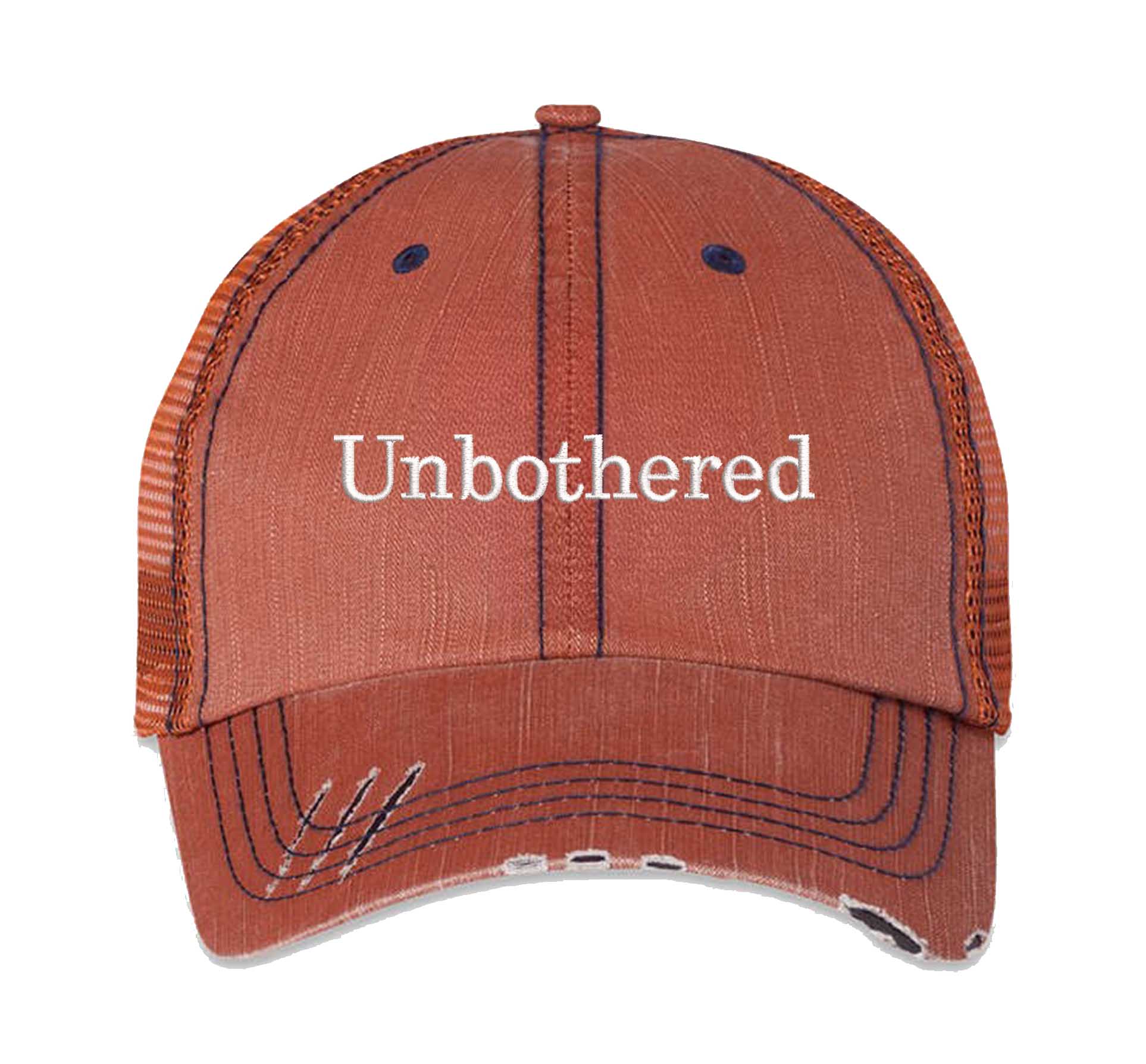 Orange Unbothered Distressed Trucker Hat. This premium vintage-style cap is the perfect gift for the unapologetically bold, featuring a breathable mesh back and custom embroidery. - DSY Lifestyle