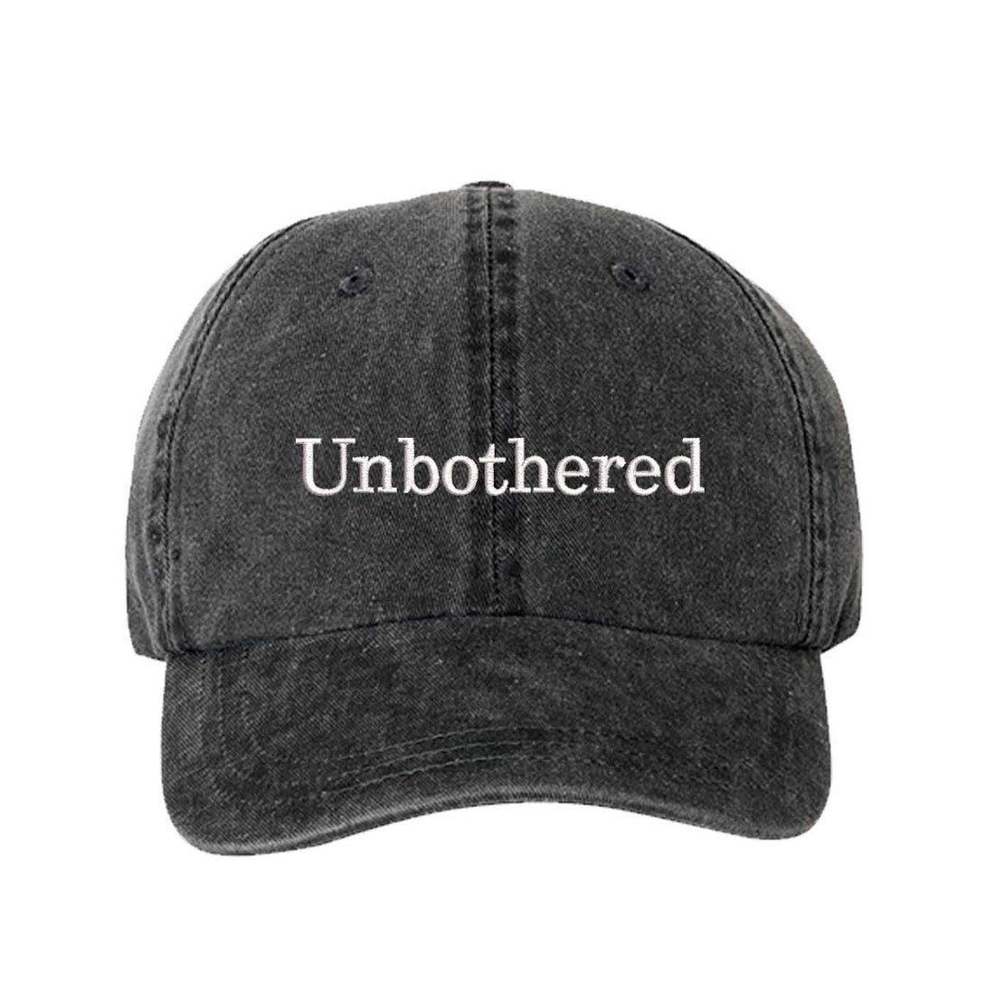 Black Unbothered Washed Statement Baseball Hat – a washed, relaxed-fit statement cap designed for everyday comfort and real-life moods. Trendy, adjustable, and effortlessly stylish. - DSY Lifestyle