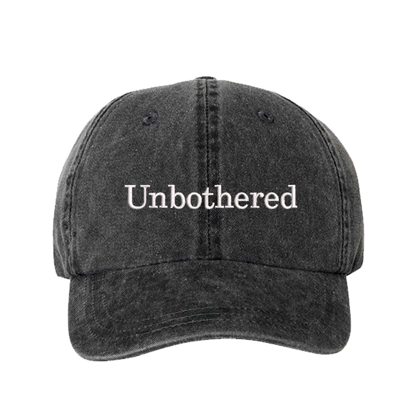 Black Unbothered Washed Statement Baseball Hat – a washed, relaxed-fit statement cap designed for everyday comfort and real-life moods. Trendy, adjustable, and effortlessly stylish. - DSY Lifestyle