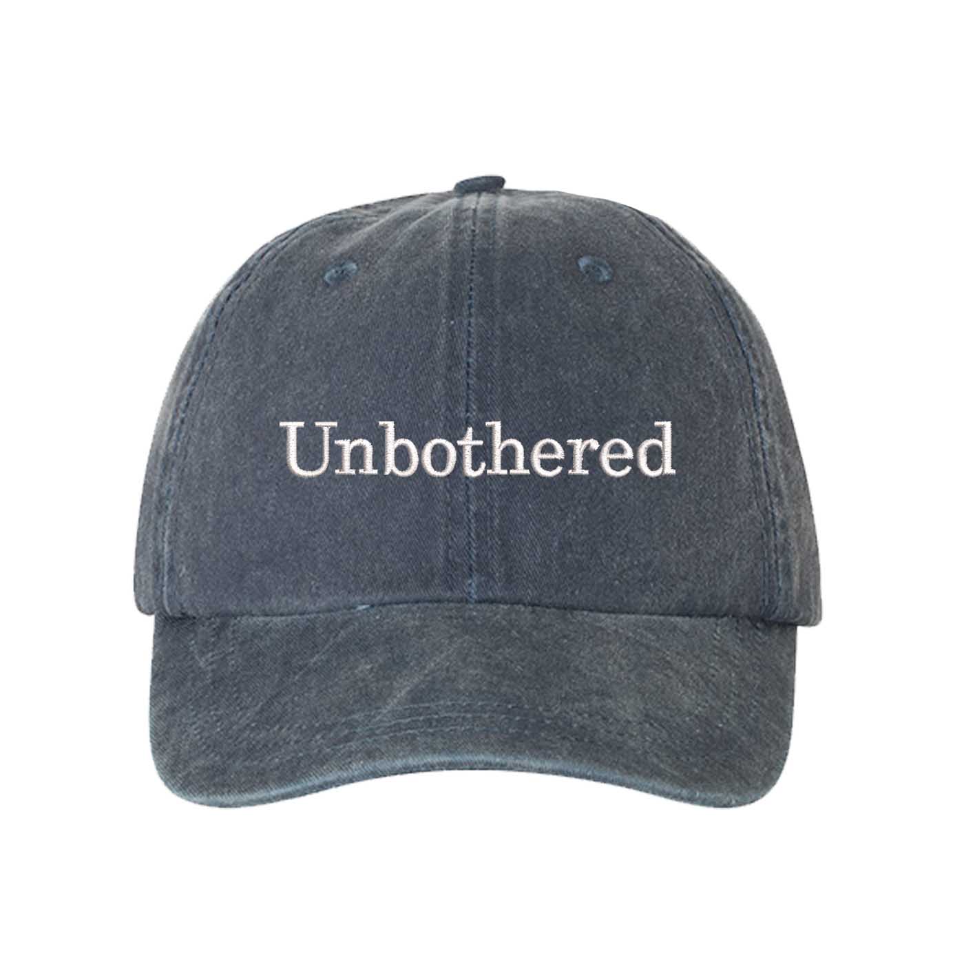 Navy Blue Unbothered Washed Statement Baseball Hat – a washed, relaxed-fit statement cap designed for everyday comfort and real-life moods. Trendy, adjustable, and effortlessly stylish. - DSY Lifestyle