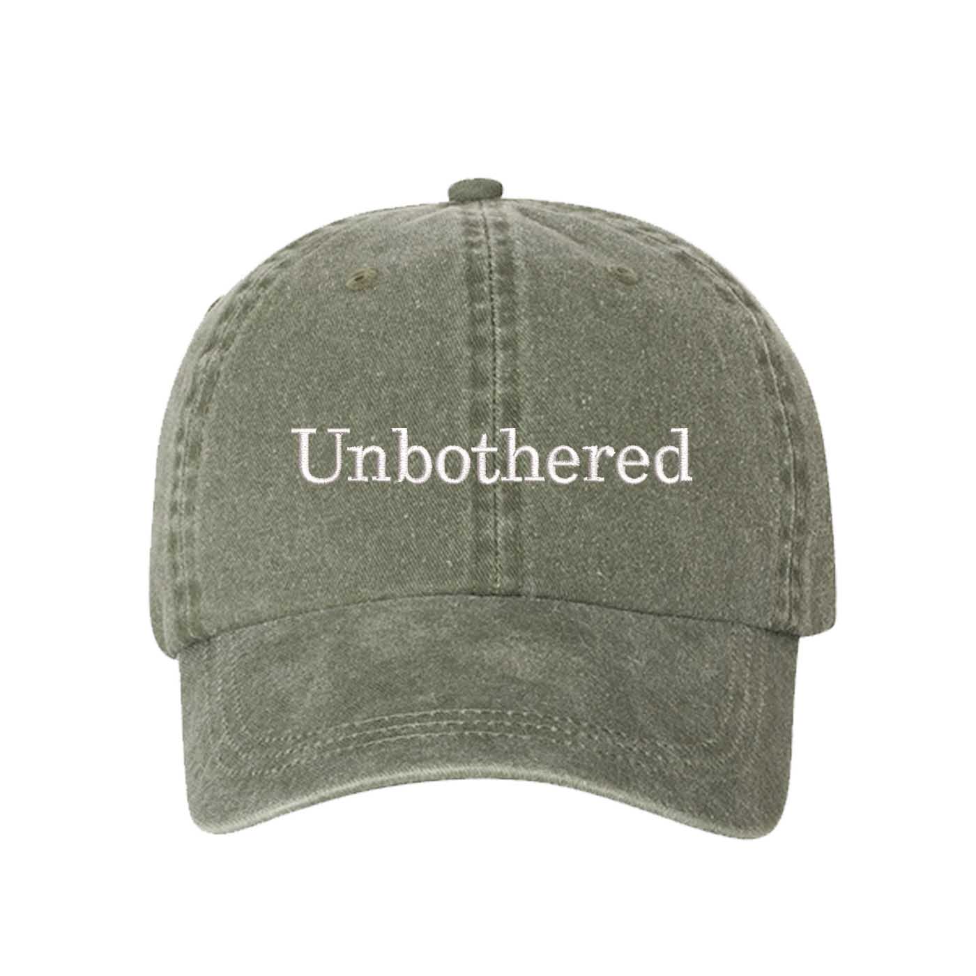 Olive Unbothered Washed Statement Baseball Hat – a washed, relaxed-fit statement cap designed for everyday comfort and real-life moods. Trendy, adjustable, and effortlessly stylish. - DSY Lifestyle