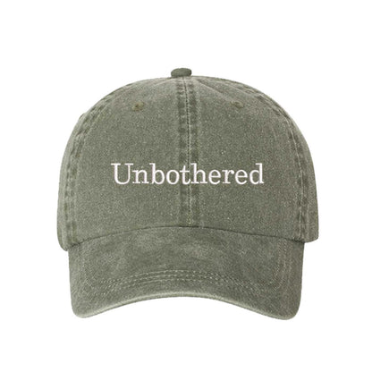 Olive Unbothered Washed Statement Baseball Hat – a washed, relaxed-fit statement cap designed for everyday comfort and real-life moods. Trendy, adjustable, and effortlessly stylish. - DSY Lifestyle