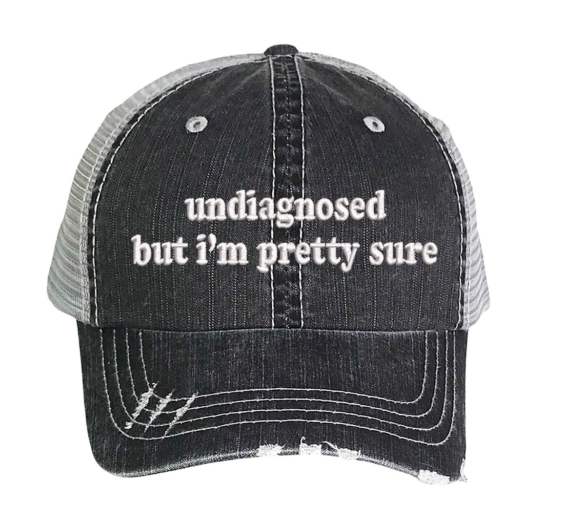Black DSY Lifestyle distressed trucker hat featuring the phrase Undiagnosed But I&