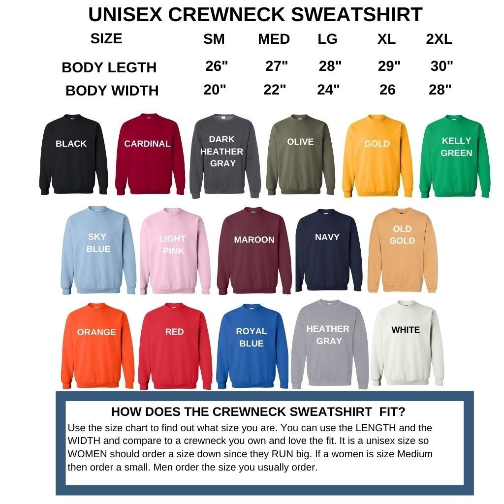 Unisex crewneck sweatshirt size and color chart available in black cardinal dark heather gray olive gold kelly green sky blue light pink maroon navy old gold orange red royal blue heather gray and white - DSY Lifestyle