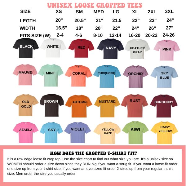 Unisex Crop Top Size and color chart- DSY Lifestyle