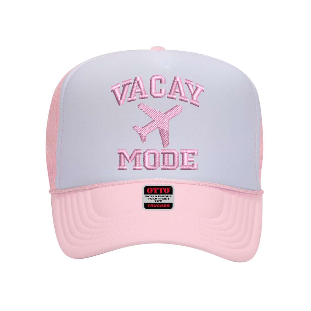 Pink &amp; White trucker hat embroidered with Vacay Mode - DSY Lifestyle 