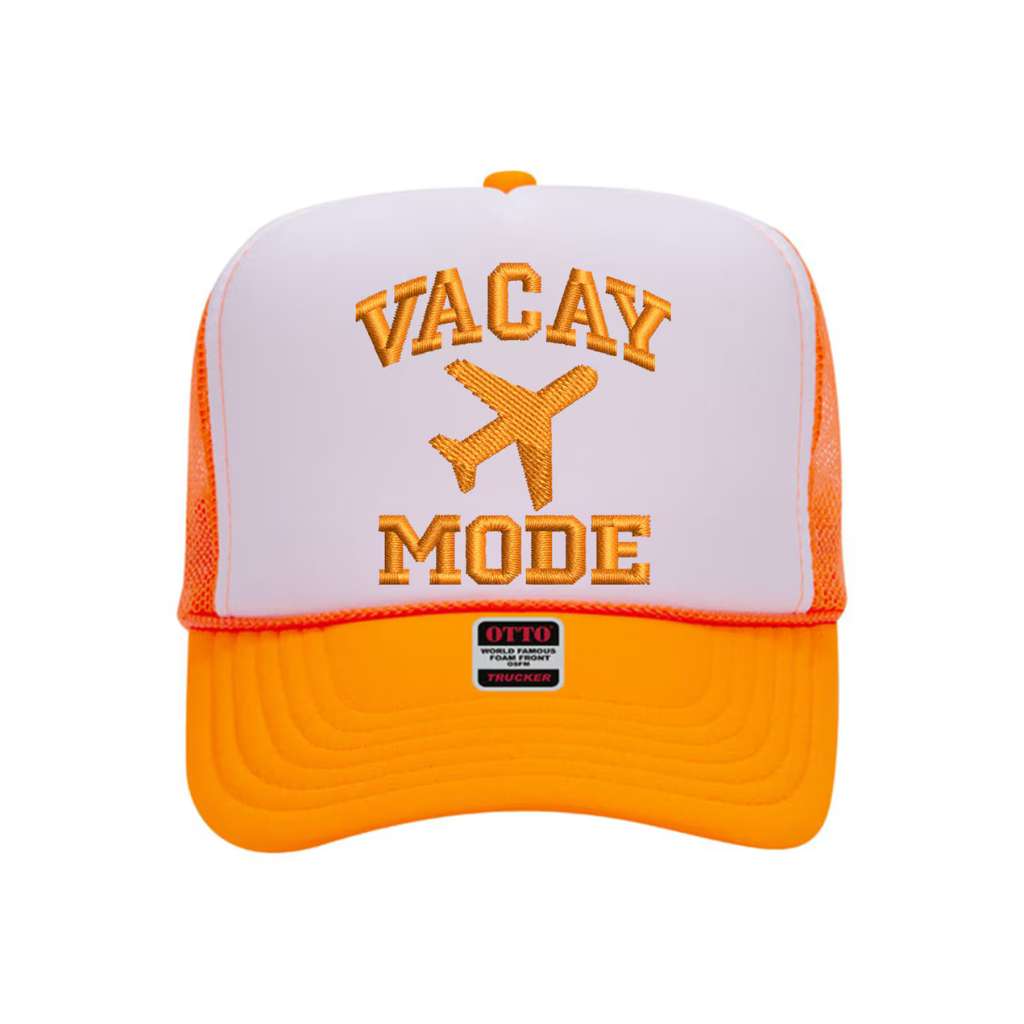 Orange  trucker hat embroidered with Vacay Mode - DSY Lifestyle 