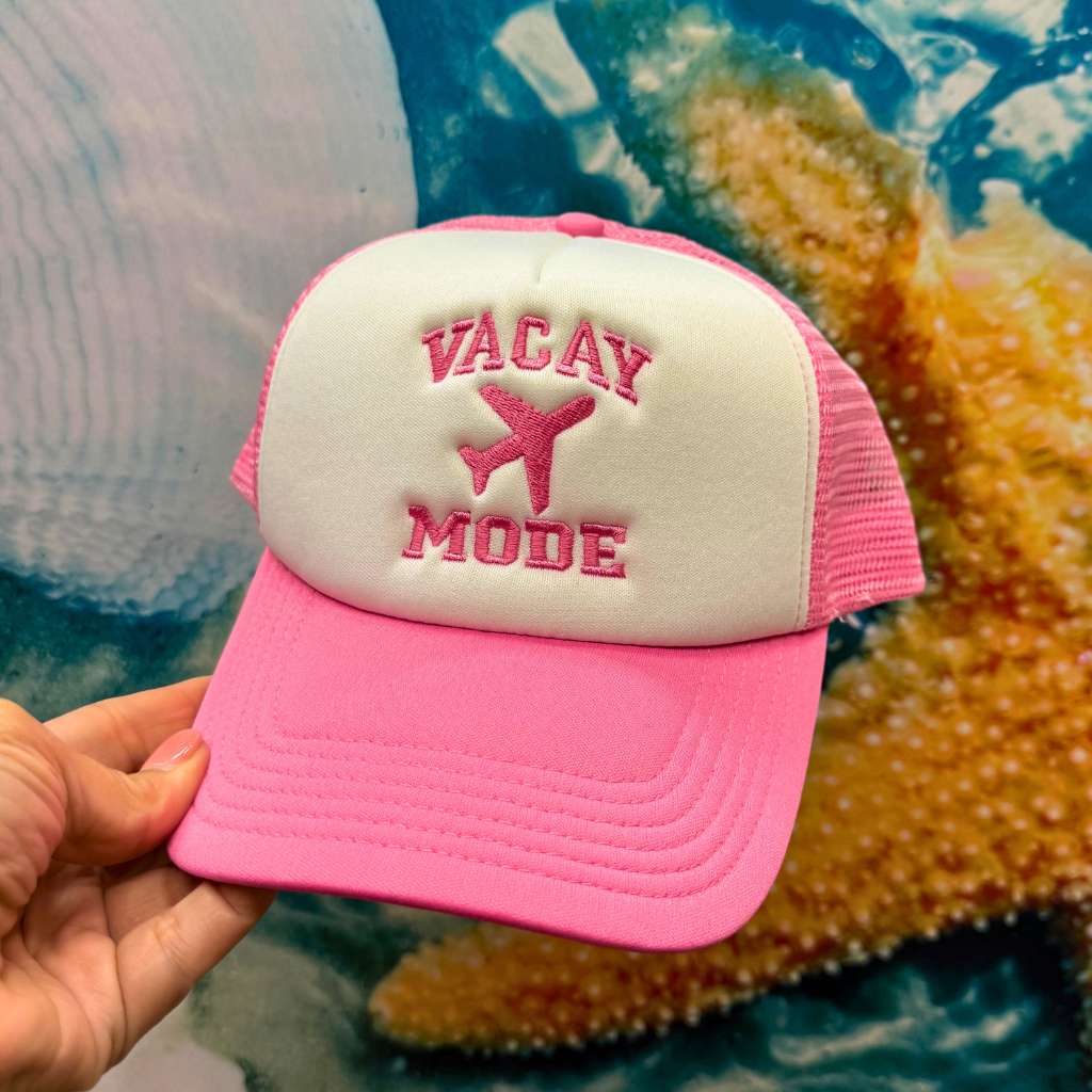 Pink trucker hat embroidered with Vacay Mode - DSY Lifestyle 