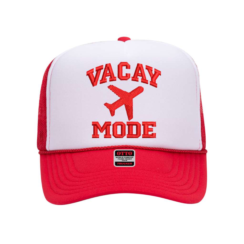 Red trucker hat embroidered with Vacay Mode - DSY Lifestyle 