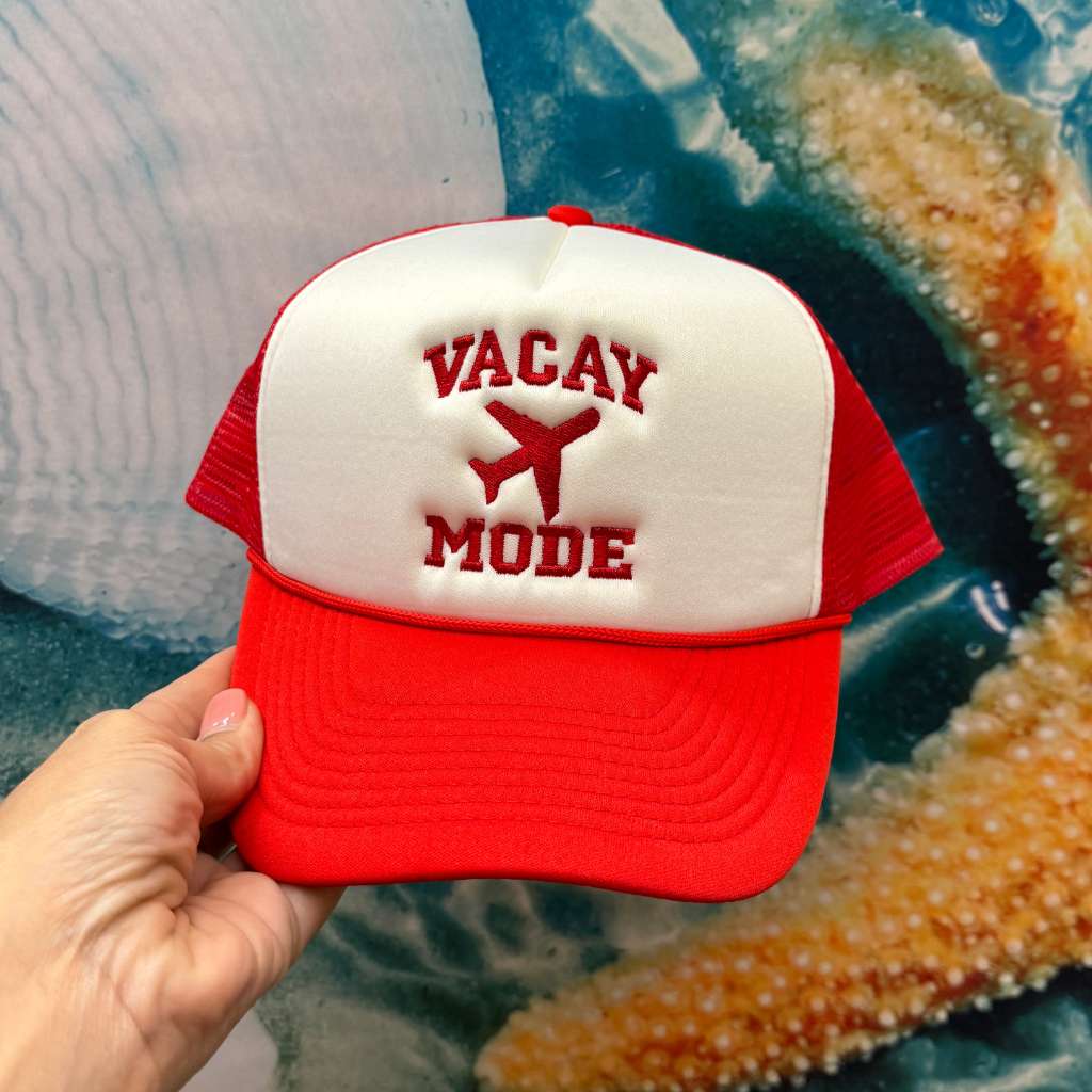 Red trucker hat embroidered with Vacay Mode - DSY Lifestyle 