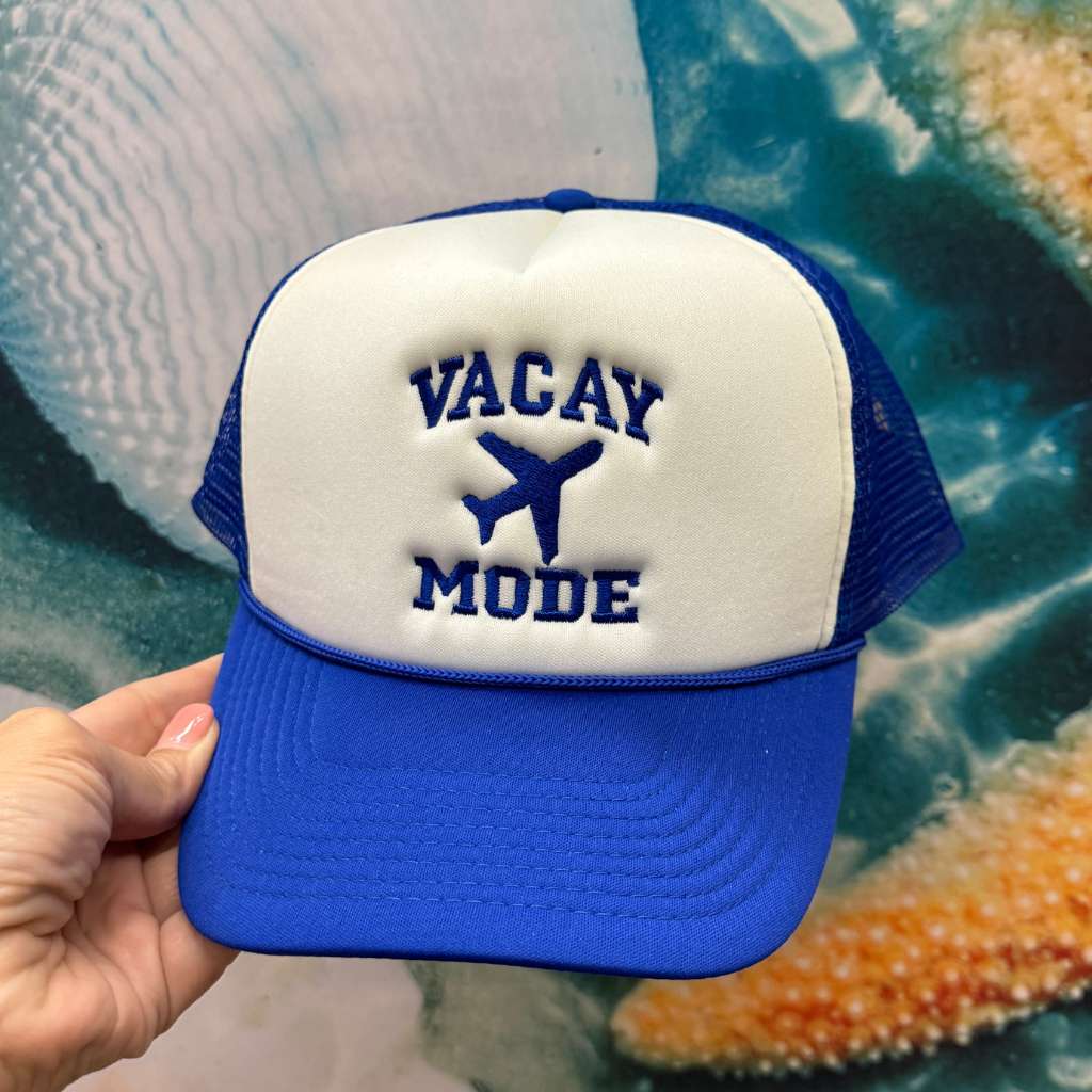 Royal Blue trucker hat embroidered with Vacay Mode - DSY Lifestyle 