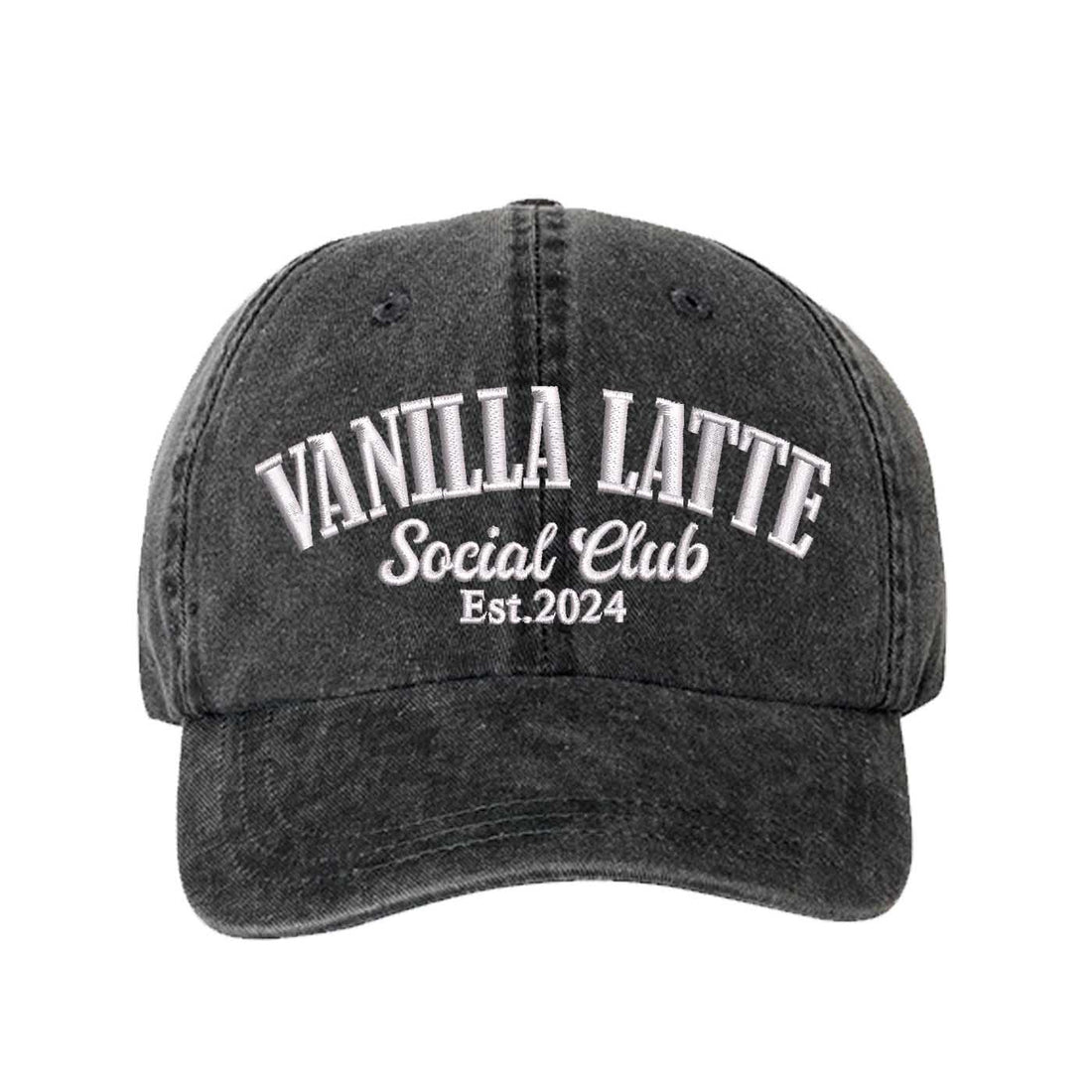 Black Vanilla Latte Social Club Est. 2024 Washed Statement Baseball Hat – a washed, relaxed-fit statement cap designed for everyday comfort and real-life moods. Trendy, adjustable, and effortlessly stylish. - DSY Lifestyle